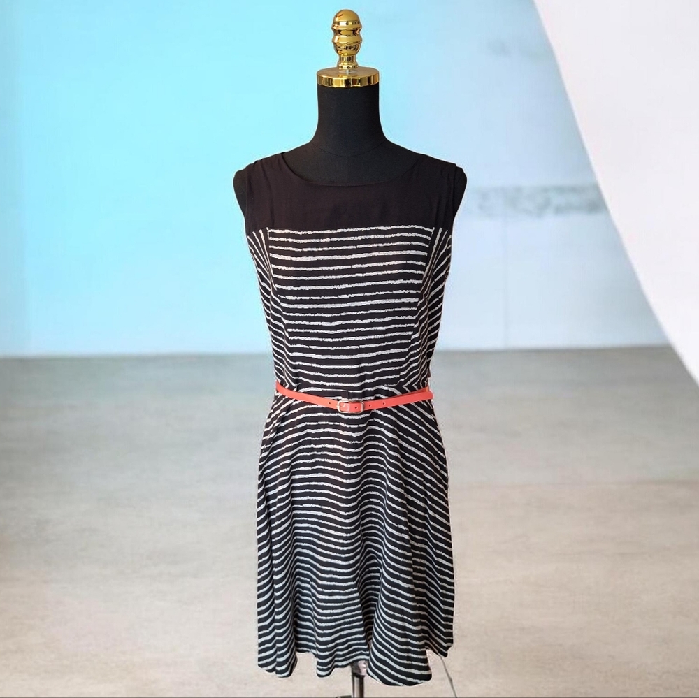 Chic Black and White Striped Dress with Red Accent